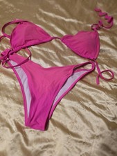 Pink Solid 2pc Triangle Bikini Set L Halter Tie Adjustable Straps