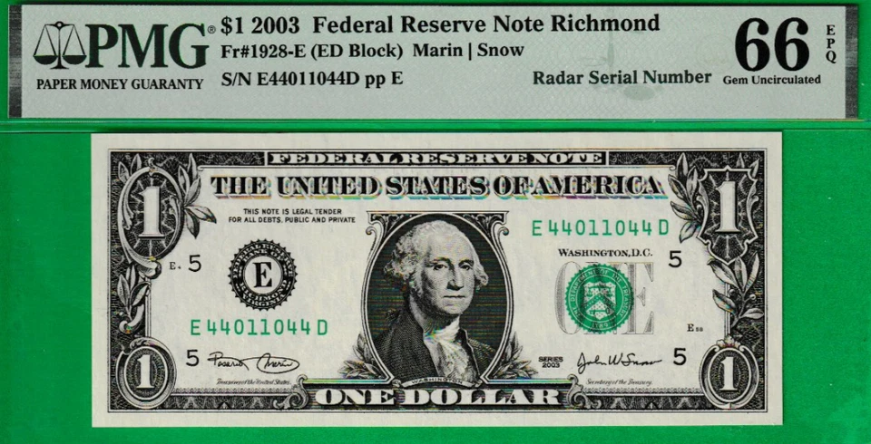 $1  Federal Reserve note RADAR Serial Numbers  44-0110- 44 - Image 2 of 3