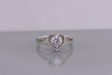 Sterling Silver Cubic Zirconia Solitaire Halo Heart Accented Band Ring 925 Sz: 8