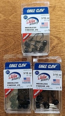 Lot Of 3. Eagle Claw Lazer Sharp Weedless Pro-V Finesse Ned Rig Jighead 5 pack