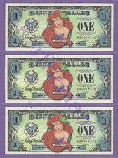 2007 T $1 ARIEL DISNEY STORE DISNEY DOLLARS (3) CONSECUTIVE T00018237-T00018237