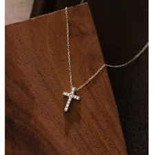 Dainty Silver Cross Pendant Necklace Rhinestone Detail Religous Adjustable Holy