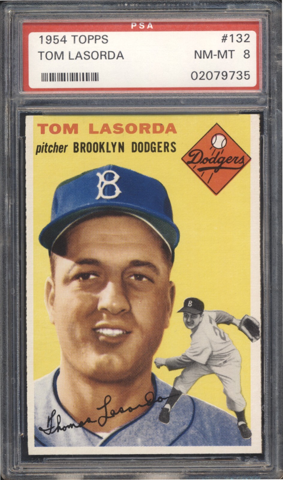 1954 Topps Baseball Tommy Lasorda ROOKIE #132 PSA 8 BROOKLYN DODGERS NM-MT HOF