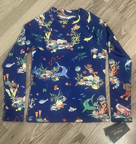 Ralph Lauren Boys Polo Bear Print Performance Rash Guard Big Kids, Blue, Small 8 - Picture 2 of 7