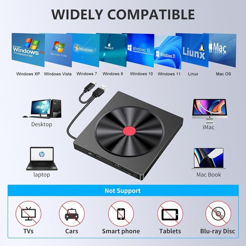 Externes CD DVD Laufwerk Extern CD DVD Burner Reader Writer mit USB 3.0 & Type-C - Afbeelding 3 van 12
