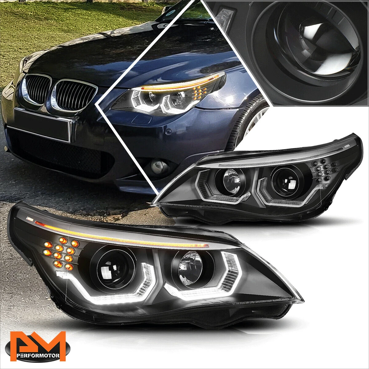 Phares double halo jantes BMW E60/E61 03-07 NOIR LED INDIC