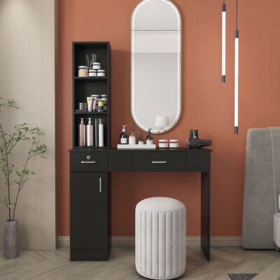 Black Barber Salon Station  w/ ShelfHair Styling Beauty Cabinet Spa Equipment
