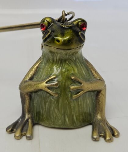 Frog Candle Snuffer Green Enameled Brass With Red Rhinestone Jeweled Eyes  - Picture 1 of 9