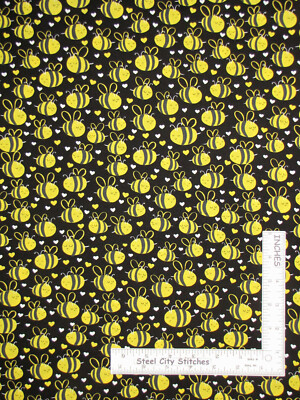 Bumble Bee Honey Bees Black Cotton Fabric Timeless Treasures C7855 By The Yard
