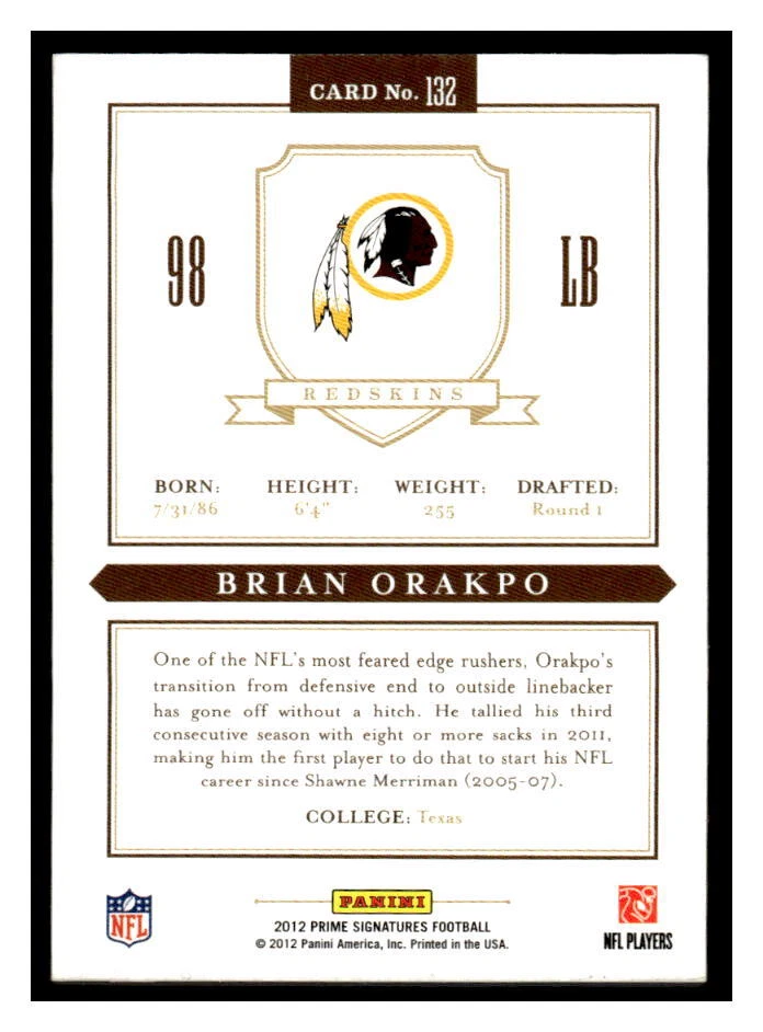 2012 Panini Prime Signatures #132 Brian Orakpo #/499 - Image 2 of 2