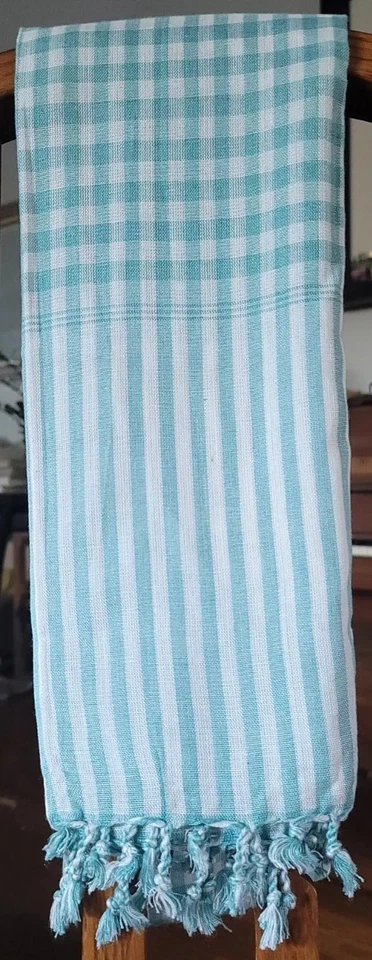 Bufanda jemer Krama 100 % algodón hecha a mano turquesa/blanco 65 x 25 pulgadas Foto 4 de 4