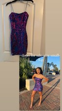short blue prom dress with purple sequin designs