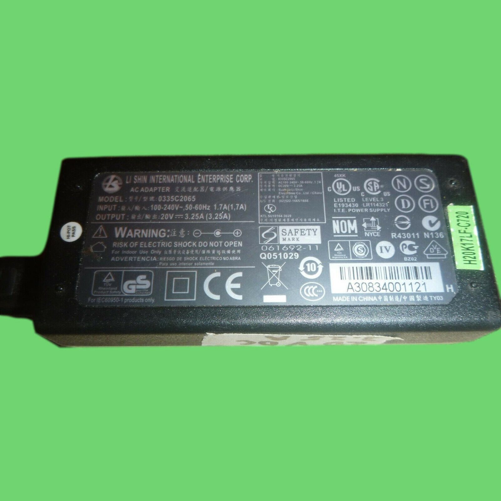 Li Shin Laptop AC Adapter Power Supply 0335C2065 20V 3.25A 65W  5.5mmX2.5mm tip