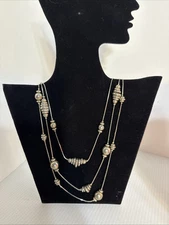 Multi-Strand Silver Ball Necklace Retro VTG Metal Beads 30”