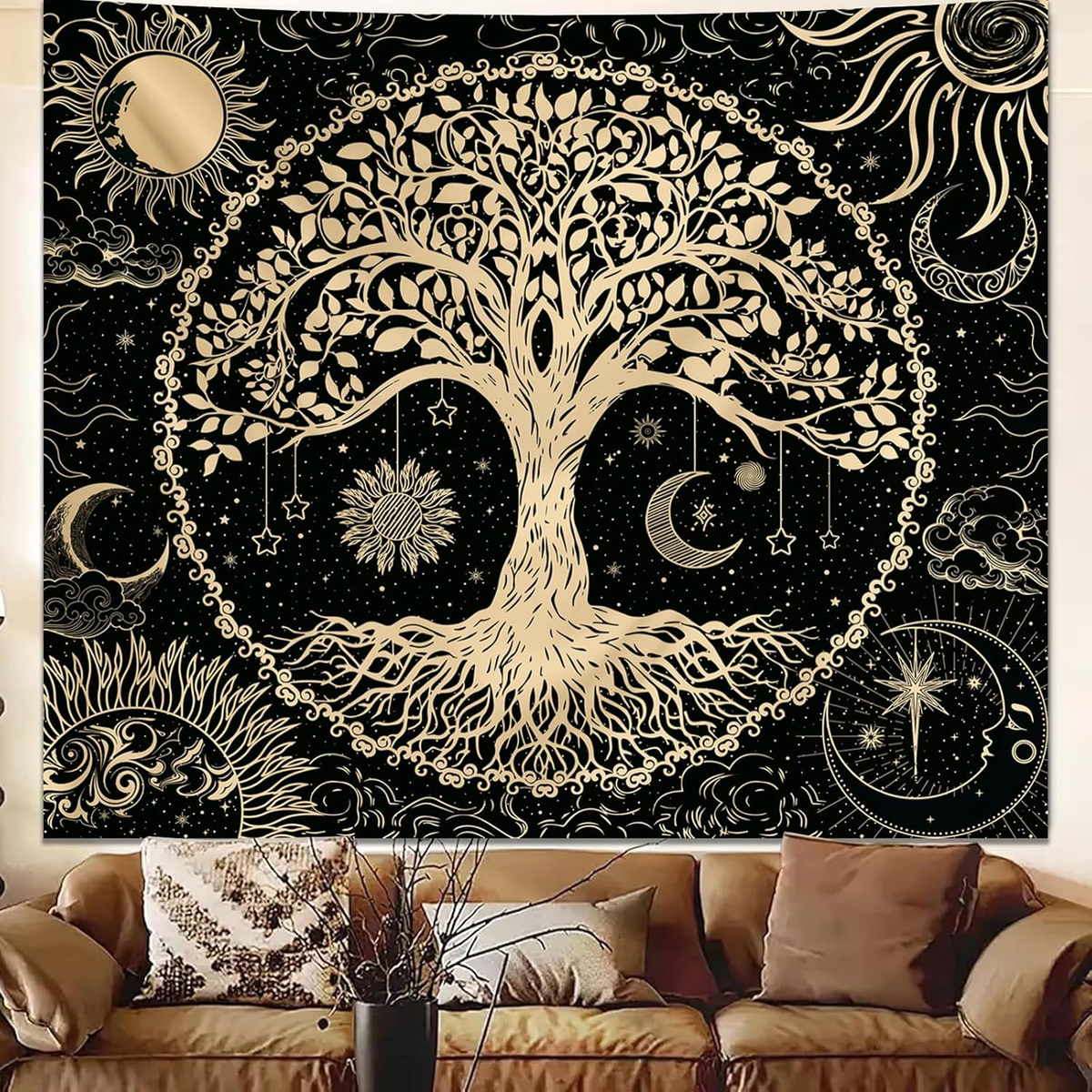 Tree of Life Wall Tapestry for Bedroom, Sun and Moon Hippie