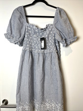 NEW LOOK - SHIRRED EMBROIDERED SHORT DRESS - SIZE 12 - BLUE