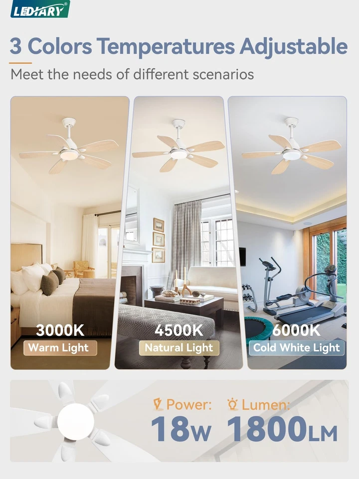Ceiling Fans with Lights,42 inch Ceiling Fans with Lights and Remote,3CCT,6 S... - Image 3 of 4