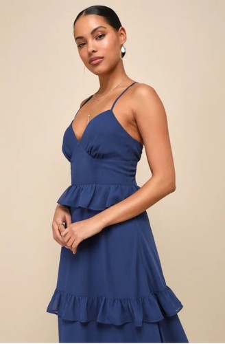 Maxi abito LULUS donna (M) classe accattivante blu con volant e lacci nuovo - Foto 15 di 16