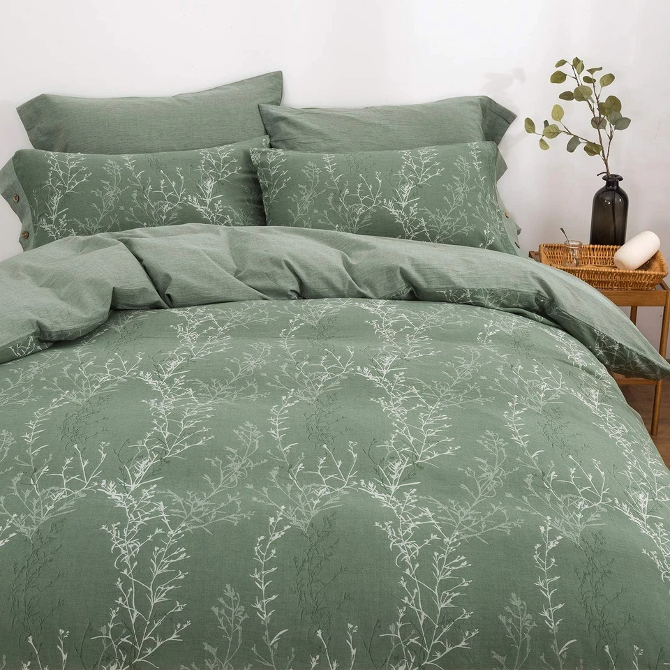 Juego de funda nórdica OREISE tamaño king hilo de algodón lavado, jacquard verde y blanco... Foto 3 de 4