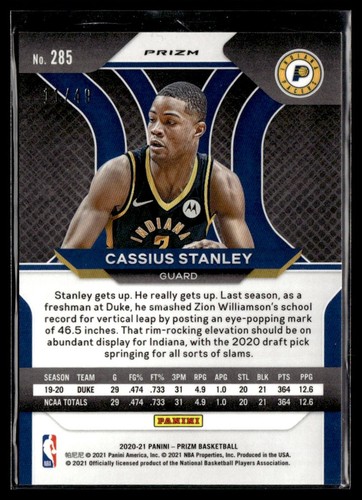 2020-21 Panini Prizm Blue Scope Rookie Cassius Stanley /49 Indiana Pacers #285 - Picture 2 of 2