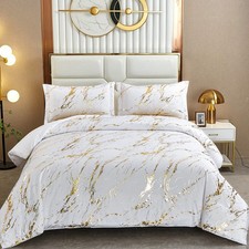 White Gold Metallic Marble Comforter Set Queen Foil Print Glitter Bedding Set...