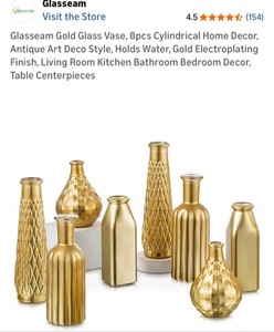 Gold Glass Vase, 8pcs Cylindrical Home Decor, Antique Art Deco Style, Holds W...
