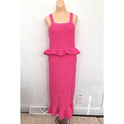 Sofia Jeans Boho Pink Crochet Peplum Midi Dress Medium Cottage Coquette Dainty