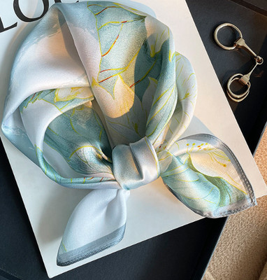 100% Silk Mulberry Scarf Neckerchief Shawl 53X53cm Bandana lotus leaf Print wrap