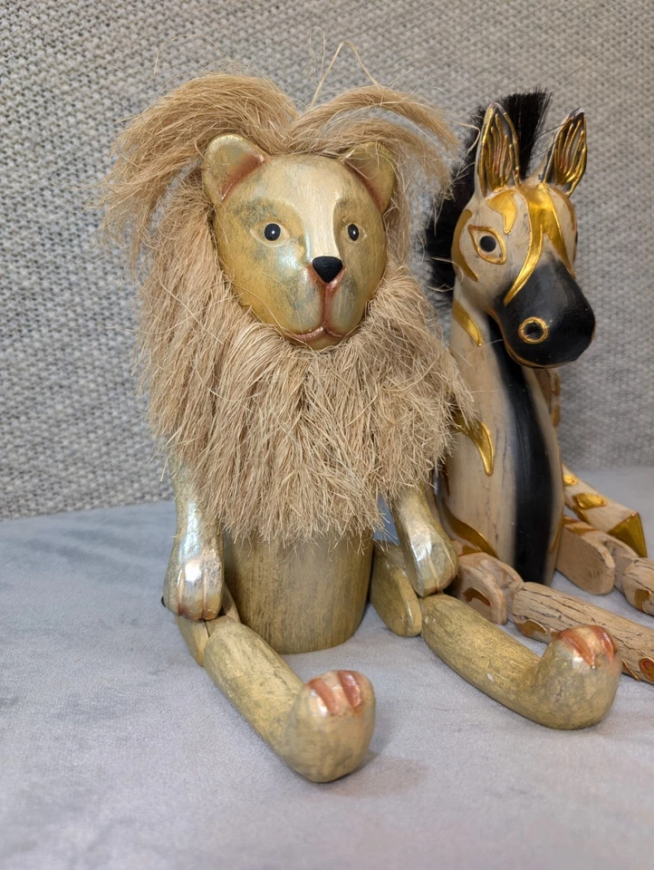 Pier 1 Wood Folk Art Jointed Lion/Zebra Shelf Sitter Hand Carved Nursery Rustic - Image 3 of 4