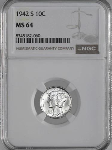 1942-S  10C  MERCURY SILVER DIME  "SAN FRANCISCO MINT"  NGC MS64 #8345182-060