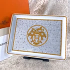 Hermes Paris Mosaique au 24 Gold Rectangle Tray Sushi Plate Porcelain with Case