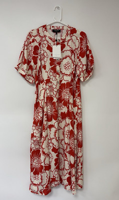 Whistles Bloom Floral Midi Damen Kleid 16 rot weiß Knopfleiste Puffärmel