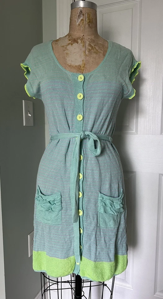 Vestido Nanette Lepore Heartbeat Rayas Tejido Lino Manga Corta Talla S Azul Cinturón Foto 2 de 4