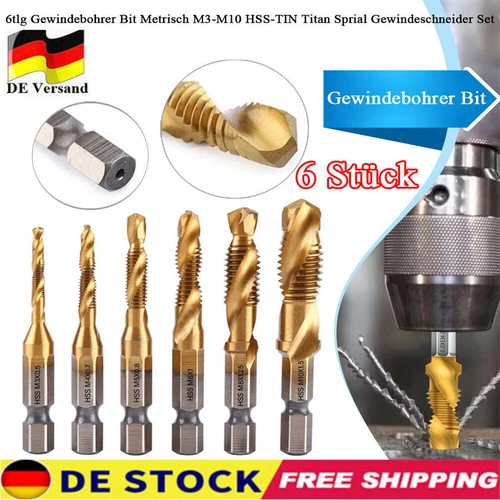6tlg Gewindebohrer Bit Metrisch M3-M10 HSS-TIN Titan Sprial Gewindeschneider Set - Bild 1 von 12
