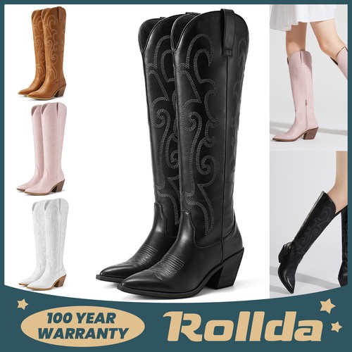 Rollda Women Rodeo Western Boots Side Zipper Embroidery Cowboy Cowgirl Tall Boot