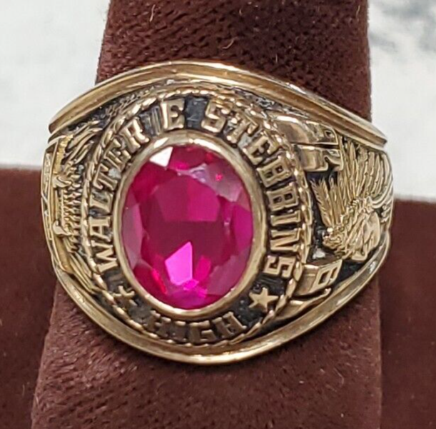 10K JOSTENS 1976 WALTER E STEBINS Class Ring Size 8.5 RED STONE