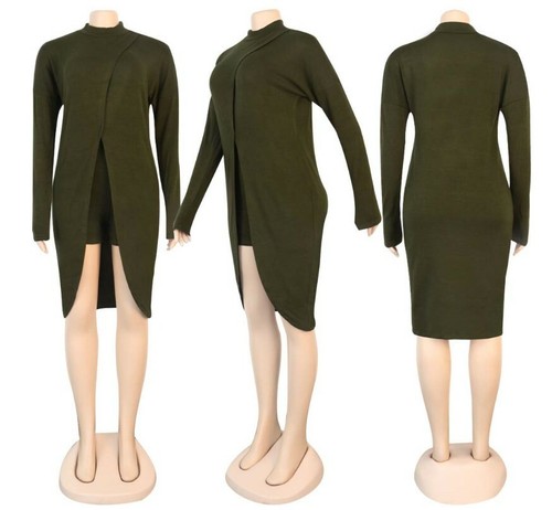 Prendas para el torso divididas informales de manga larga lisas cuello alto sueltas + tiros de cintura alta #JS - Imagen 4 de 16