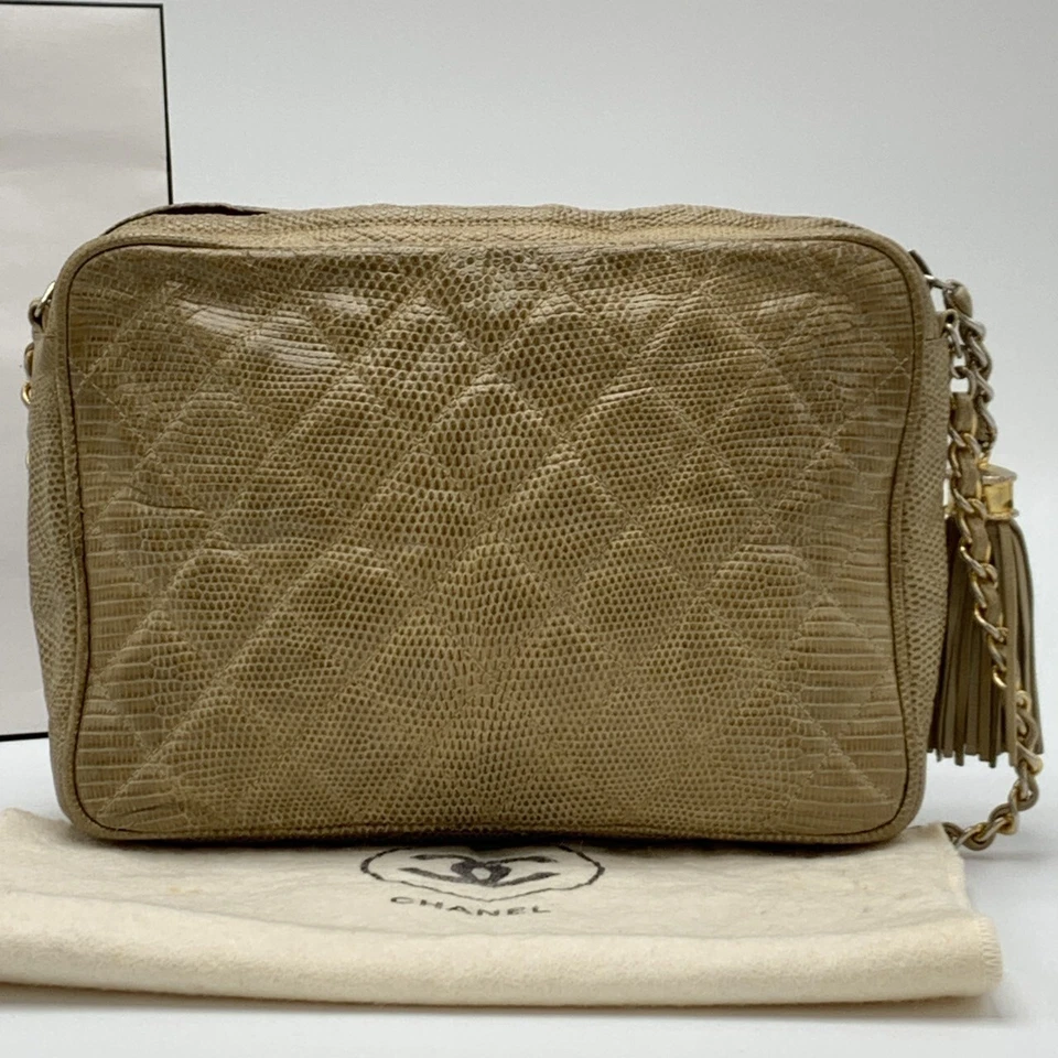 Bolsa de ombro CHANEL corrente dourada lagarto matelasse franja borla couro marrom autêntica - Imagem 4 de 4