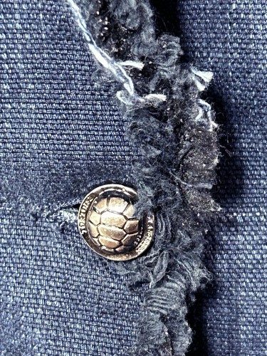 TORTOISE Jeans Navy Distressed Denim Blazer Raw Hem Single Button Pockets L/12 - Picture 8 of 11