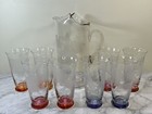 VINTAGE CLEAR GLASS PITCHER W/ SET OF 8 GLASSES COLORED BOTTOMS ETCHED FLORAL