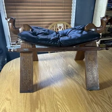 M Hayat Bros Camel Saddle Stool Rosewood Leather Ottoman 1950's Vintage Nice