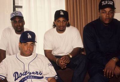 Rappers MC Ren, DJ Yella, Eazy-E and Dr. Dre of the rap group NWA - Old Photo 3