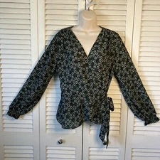 NWT Max Studio Black w Green & White Floral Print Wrap Peplum Blouse L  $78