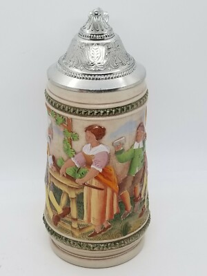 Vintage Gerz West German Beer Stein Lidded 94% Zinn Friends