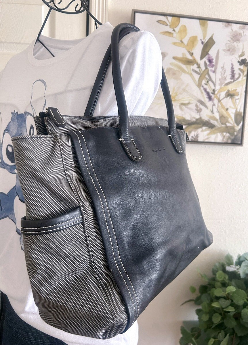 Agnes b Voyage Black Leather W/ Tweed Canvas Large Tote Travel Bag