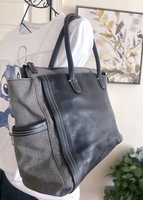 Agnes b Voyage Black Leather W/ Tweed Canvas Large Tote Travel Bag