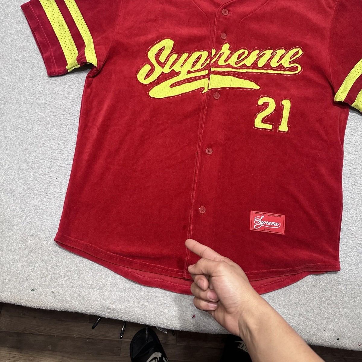 Supreme Men's Red Cotton Velour Baseball Short Sleeve Jersey Supreme Men's Red Cotton Velour Baseball Short Sleeve Jersey