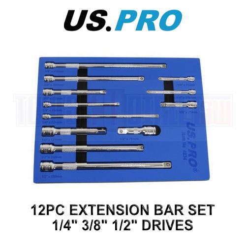 US PRO Tools 12pc Socket Extension Bar Set 1/4"" 3/8"" 1/2"" DR In Foam Tray 4234
