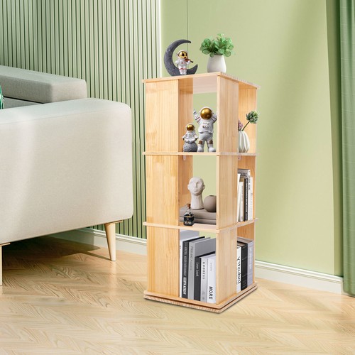 3 Tiers 360 Rotating Bookshelf Display Floor Standing Wood Bookcase Storage Rack - Picture 12 of 12
