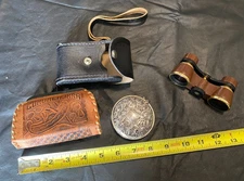 vintage compact with binoculars and leather case lot